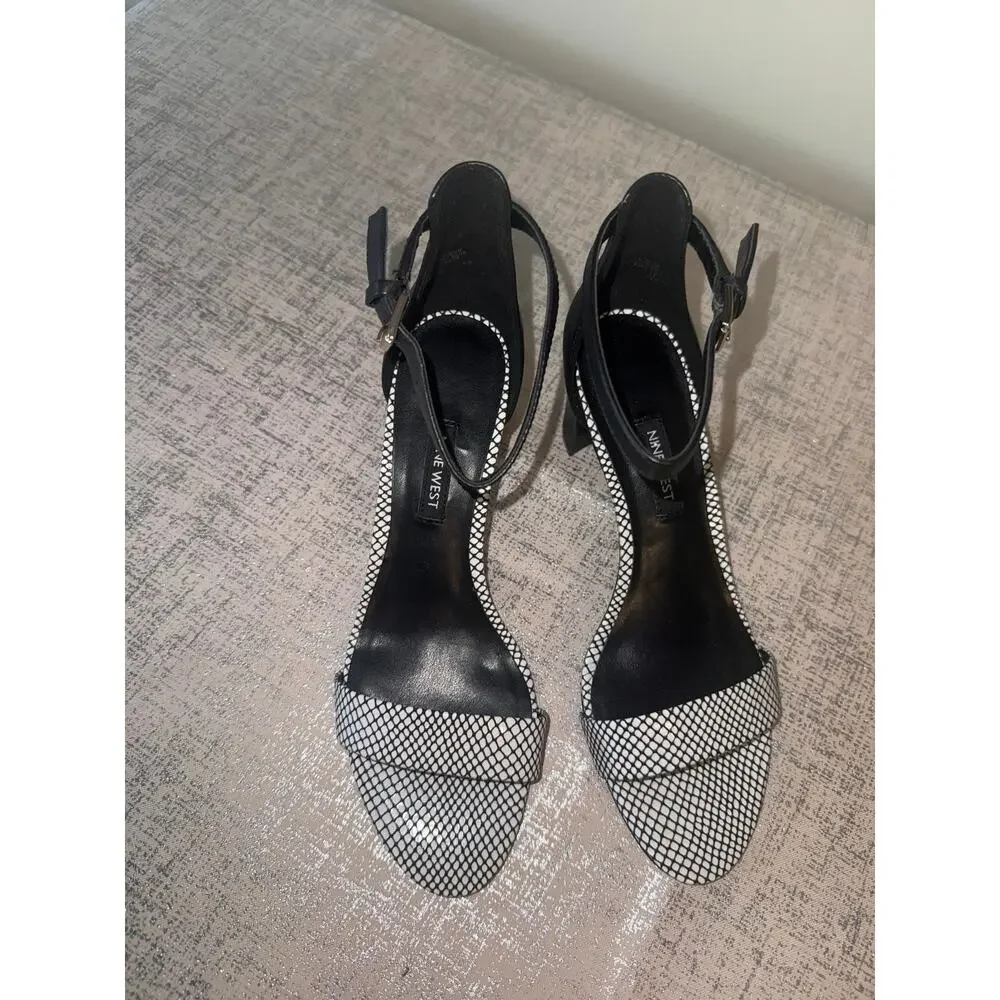 Nine West Black White Slingback Heels Open Toe Patterned Pumps